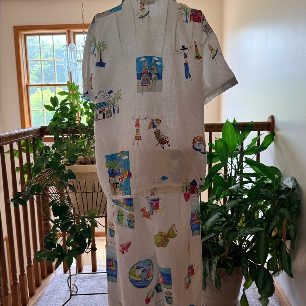 Hot Cotton by Marc Ware White Two-Piece Beach Print Linen Set XL - Picture 2 of 7